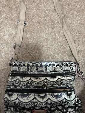 Black & Cream Patterned Crossbody with Beige Strap